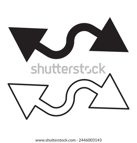 Black double arrow with loop in different directions. Alternate Route line and filled Symbols. Contour image on white. Line circular design for any purposes in eps 10.