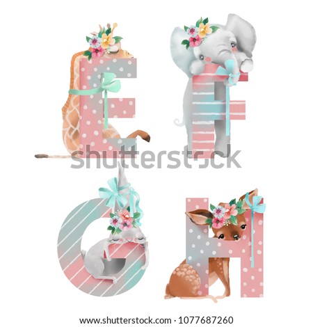 Cute watercolor alphabet with adorable baby animals giraffe, elephant, bunny, deer with flower wreaths and tied bows. Letters E, F, G, H - hand drawn uppercase characters Imagine de stoc © 