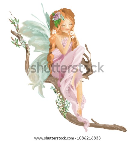 Beautiful hand painted oil fairy sitting on old wood branch with floral bouquet, flowers wreath isolated on white