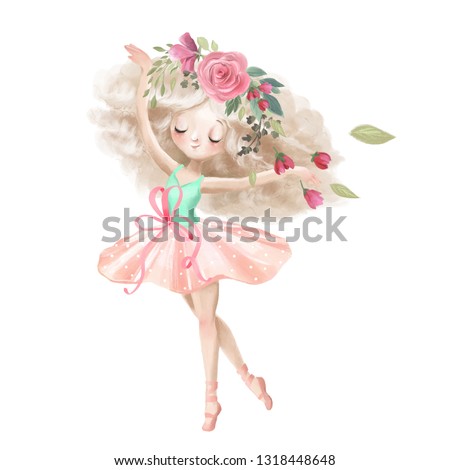 Cute ballerina, ballet girl with flowers, floral wreath
