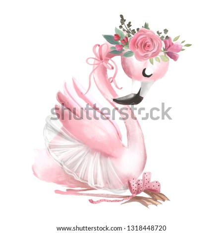 Cute ballerina, ballet girl baby flamingo with flowers, floral wreath in a ballet dress