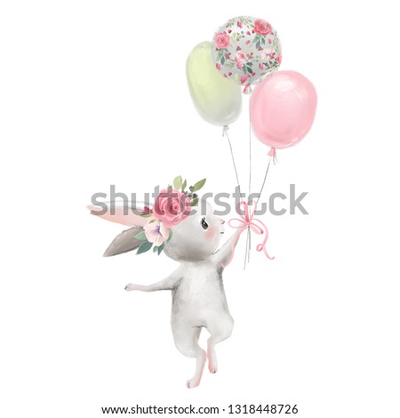 Cute girl baby bunny with flowers, floral wreath with balloons