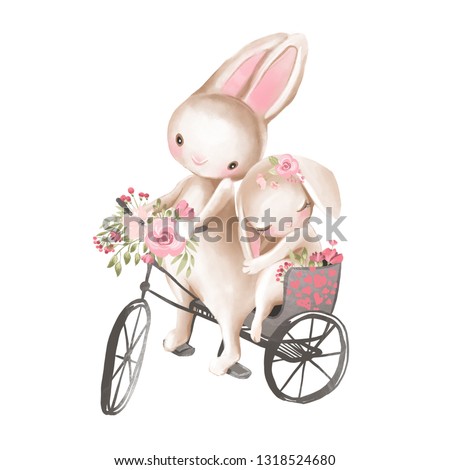 Cute watercolor baby boy and girl bunnies in a bicycle with flowers, floral wreath, bouquet
