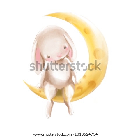 Cute watercolor baby bunny sitting on a half moon