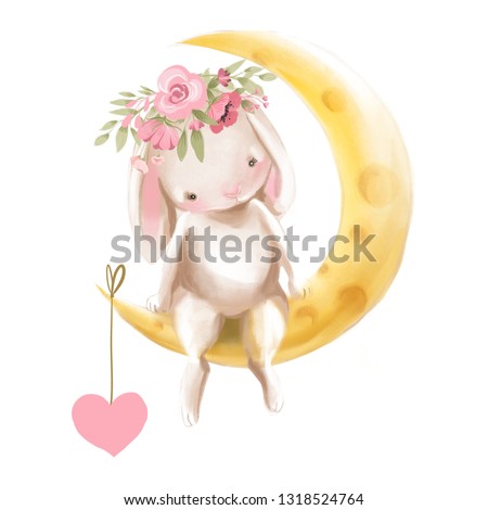 Cute watercolor baby bunny with flowers, floral wreath, bouquet sitting on a half moon with a hanging heart