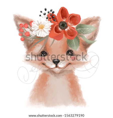 Cute hand drawn fox in floral wreath, flowers bouquet, woodland watercolor animal portrait
