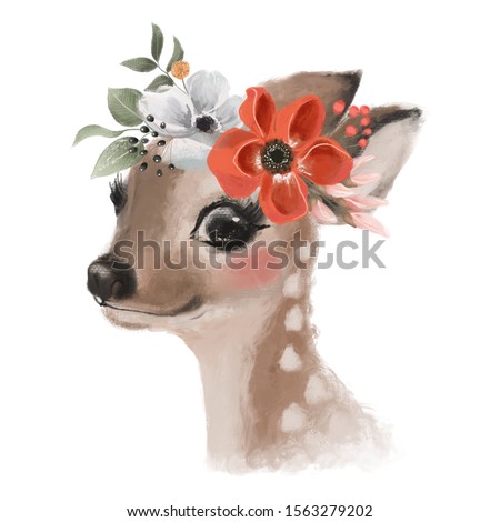 Cute hand drawn deer, fawn in floral wreath, flowers bouquet, woodland watercolor animal portrait