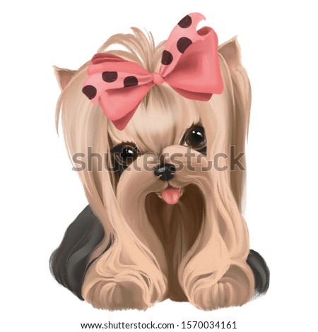 Cute little dog, puppy, pet with pink bow watercolor animal portrait