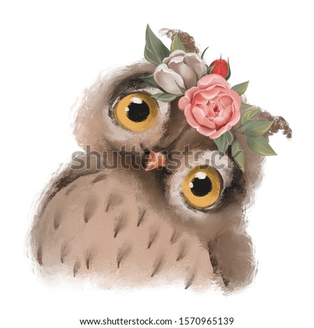 Cute hand drawn owl in floral wreath, flowers bouquet, woodland watercolor animal portrait