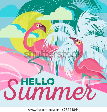 Summer tropical background (backdrop). Ocean (beach), sky with cloudsand sun. Palm silhouette. Flamingo birds. Summertime, summer time poster, Hello summer card