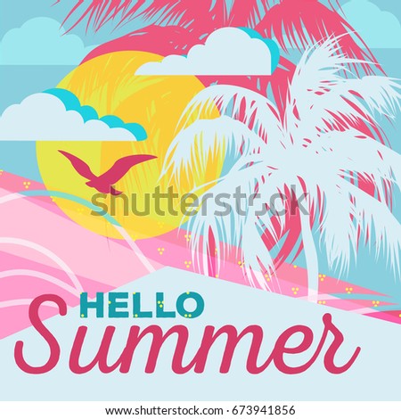 Summer tropical background (backdrop). Ocean (beach), sky with clouds, sun, seagull and palm silhouette. Summertime, summer time poster, Hello summer card