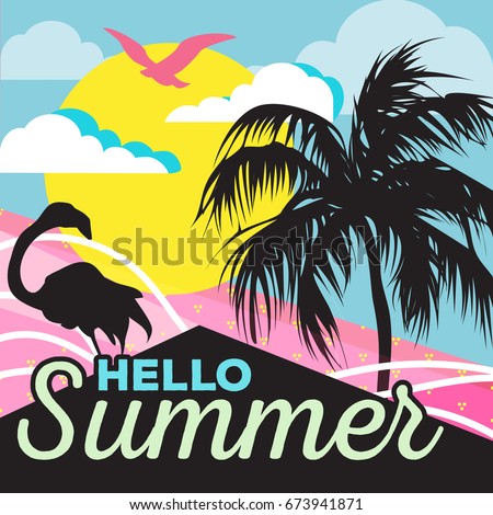 Summer tropical background (backdrop). Ocean (beach), sky with clouds, sun, seagull. Palm and flamingo bird silhouette. Summertime, summer time poster, Hello summer card