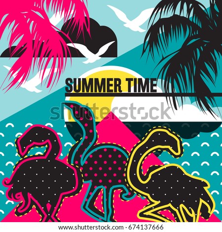 Summer tropical background (backdrop), retro, pop-art design. Ocean (beach), sky with clouds, sun, seagulls. Palms and flamingos silhouettes. Summertime, summer time poster, Hello summer card