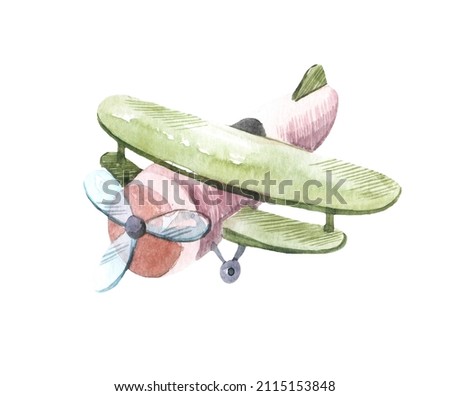 cute drawn airplane on a neutral white background. watercolor illustration for children