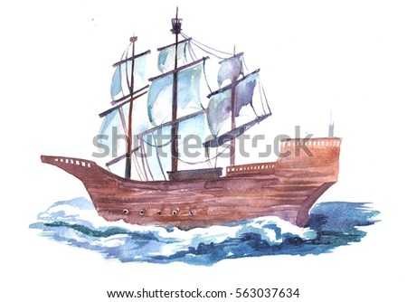 ship with the sea on a white background. watercolor illustration or a postcard. journey