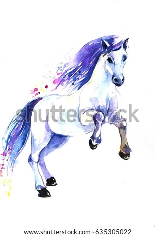 running white horse on a white background. watercolor illustration