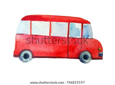 red bus on white background. watercolor sketch of transport