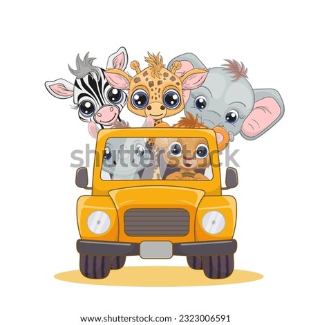 Safari animals riding a car vector illustration. Happy baby lion, zebra,giraffe, elephant. Perfect illustration for t-shirt wear fashion print design, greeting card, baby shower, party invitation