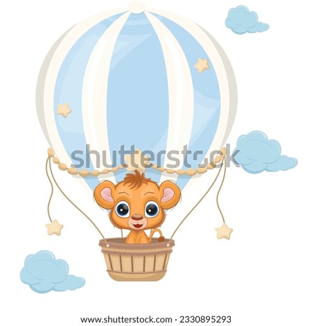 Adorable little lion flying with air balloon. Cute baby lion vector illustration