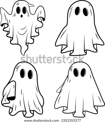 Cute ghost set, Halloween ghost isolated, Funny white ghost halloween illustration hand drawing.