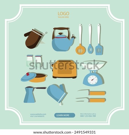 Cutlery Kitchen tools set. Kitchen utensils icon collection with knife, spoon, fork, pans, cup, teapot, grater, rolling pin, cutting board, Cooking and kitchenware food. Househol in flat cartoon style