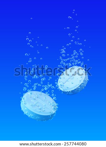 Two effervescent tablet with bubbles in blue water.