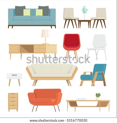 Set of furniture Interior and home accessories. Sofas with pillows, lamps isolated background. vector illustration 