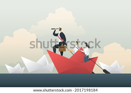 Businessman Leader looking through a telescope by two business people stands with a paddle floating on a paper boat on the sea.  illustration Vector