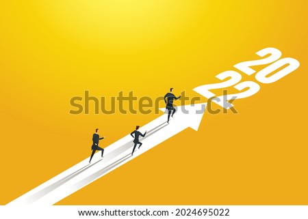 Group of business people running on arrows towards goals for 2022. Motivation Path concepts to success of business goals for 2022. vector illustration