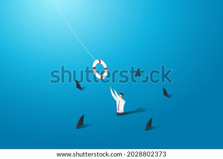 Save businessman from drowning In the sea surrounded by sharks rescue business to survive overcome obstacles risk management. Vector illustration.