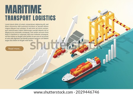 Ocean freight maritime transport logistics and container with working cranes, import, export, shipyard transportation industry. isometric vector illustration.
