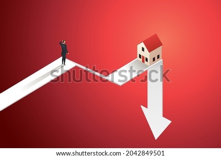 Businessman looks at a graph of the real estate market where the arrowhead is falling. recession Home prices fall in real estate and property market crash. isometric illustration vector.