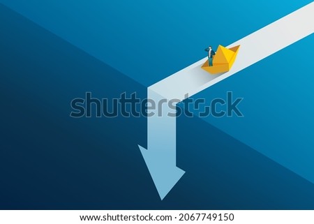Business crisis situation Run out of ways to solve problems.
Businessman on a paper boat on the arrowhead path is about to fall off a cliff. economic and financial crisis. isometric vector image.