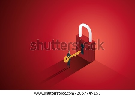 Businessman holding keys ready to unlock on red background to find a solution or security. vector illustration. isometric vector illustration.