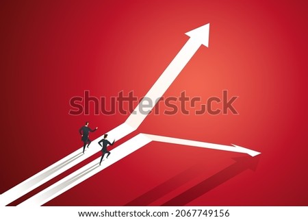 Two businessmen running on an up and down arrow graph path Risk of investing in different businesses, profits, losses, competition in business.  isometric vector illustration.
