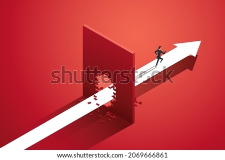 Businesswoman running arrow path breaking barriers of inequality, feminism, overcoming women's obstacles. and leadership. isometric vector illustration. Foto stock © 