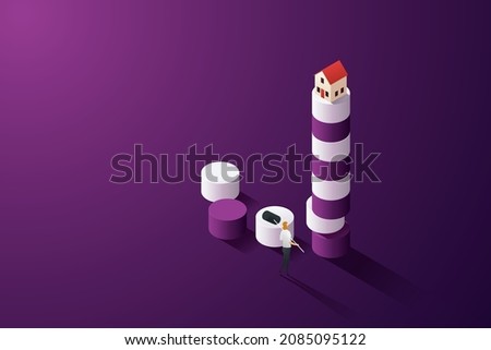 The risk of reducing the gap in real estate and housing debt ceilings is reduced. A businesswoman with a hammer hits the circular column carefully with house on top. Isometric vector Illustration.