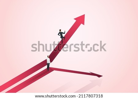 Businessman standing straight arrow graph path down  businesswoman running on up arrow graph risks investing in different businesses, profit, competition. isometric vector illustration.