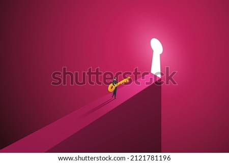 Businessman holding keys walking up to keyhole door shining on big dark pink wall, concept business opportunity and challenges in the future. isometric vector illustration.