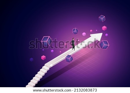 Businessman steps on the arrow bridge that goes forward on the path of Blockchain technology to future. Business Growth, Stocks, Currency and Investments. isometric vector illustration.