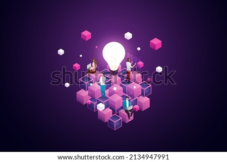 Team working on blockchain technology. Connecting a large cube
Future Technology Concept Blockchain Cryptocurrency. isometric vector illustration.