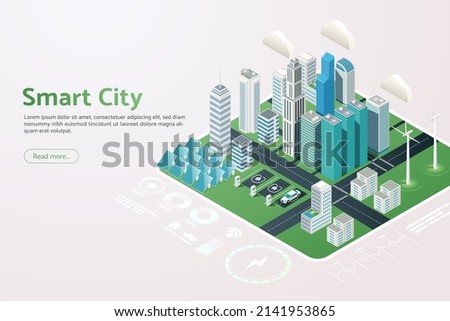 Smart city clean energy city Eco-friendly, high-rise buildings, electric vehicle charging stations Wind turbines and solar panels. isometric vector illustration.