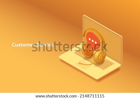 Headphones with microphone with speech bubble chat icon via laptop, Customer consultation service online, yellow-orange background. 3D isometric vector illustration