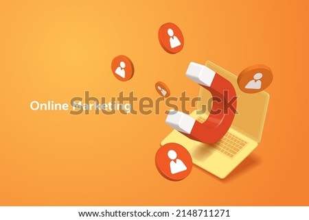 Magnets and profile icon  that float out of laptop screen. Attract customers and target audience on social networks. 3D isometric vector illustration