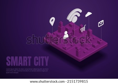 Three dimensional smart city building automation network application icon and communication connected together. 3d  isometric vector illustration.