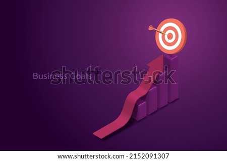 Red arrow is directed towards target on bar graph on purple background. The path to success of business ambitious goals or business growth. 3D isometric vector illustration.