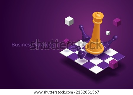 Business strategy planning Chess symbols on a chessboard on a purple background. 3D isometric vector illustration.