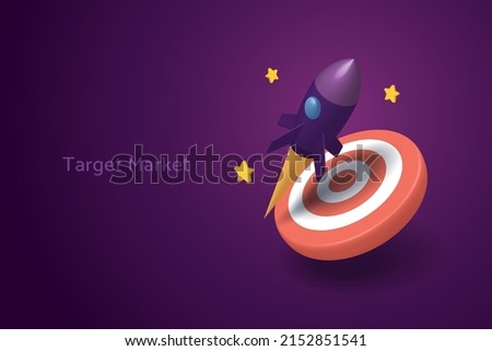 Rocket takes off with a red dartboard on a purple background business strategy starting on target. 3D isometric vector illustration.