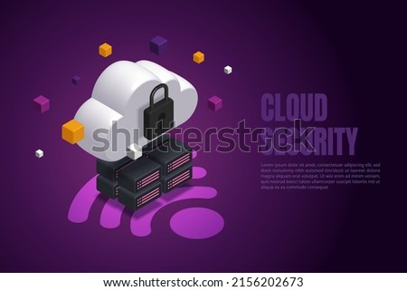 Cloud storage data security protection online backup and store in a secure space with cloud technology. via internet signal. 3D isometric vector illustration