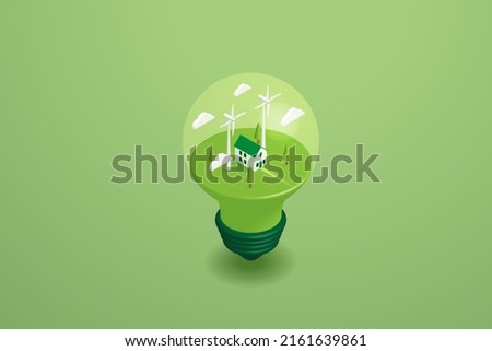 Green energy technology, environmentally sustainable renewable energy. Home with and clean energy windmill on Light bulb on green background. 3d isometric vector illustration.